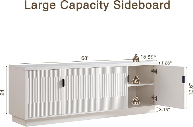 Fluted TV Stand for up to 75" TVs, 68" Entertainment Center with 4 Doors, Modern Media Console with Adjustable Shelves & Storage Cabinets, White