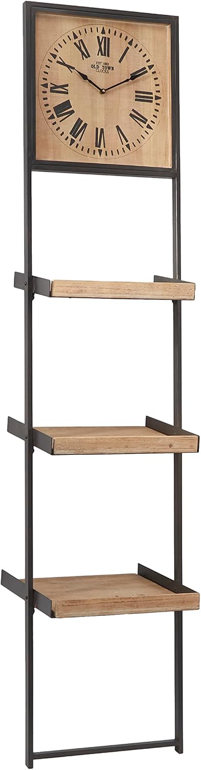 Deco 79 Wood 3 Shelves Wall Shelf with Clock, 16" x 10" x 72", Brown