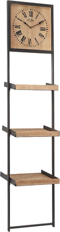 Deco 79 Wood 3 Shelves Wall Shelf with Clock, 16" x 10" x 72", Brown