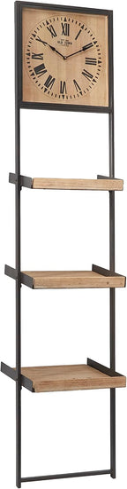 Deco 79 Wood 3 Shelves Wall Shelf with Clock, 16" x 10" x 72", Brown