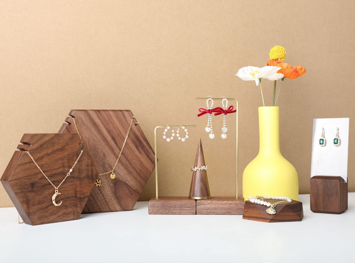 GemeShou 3pcs walnut wooden dangle earring stand holder, hoop earring displays for selling jewelry, mini brass hanger【Walnut Stand set-3pcs】