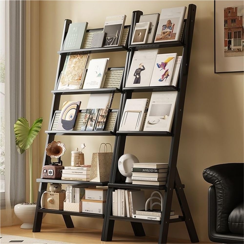 5-Tier Wooden Ladder Shelf with Rattan-Like Design, Large Capacity Open Bookshelf, Floor Magazine Display Stand for Living Room, Office, Library(Color:Natural)