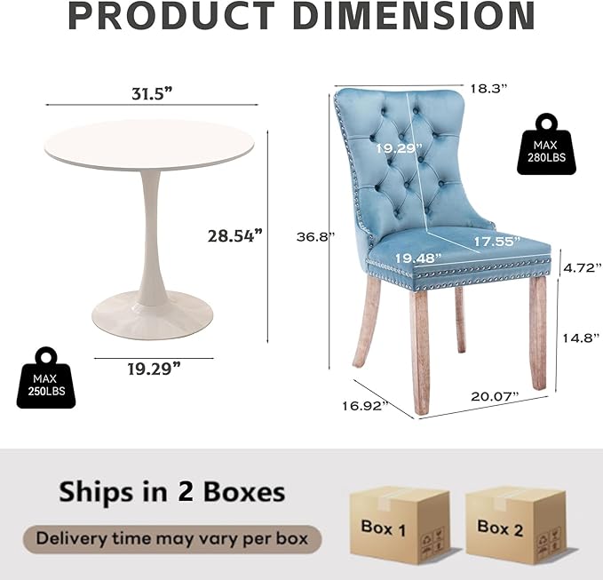 3-Pieces 31.5" Round Dining Table Set for 2, White Dining Table & 2 Velvet Upholstered Dining Chairs for Kitchen Dining Room Apartment Small Space(White Table & Sky Blue Chairs)