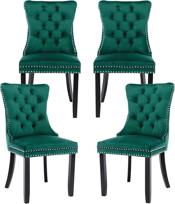 Velvet Dining Chairs Set of 4, Tufted Upholstered Dining Room Chairs with Back Ring Pull, Nailhead Trim and Solid Wood Legs, Modern Dining Chairs for Dining Room, Kitchen(Green)