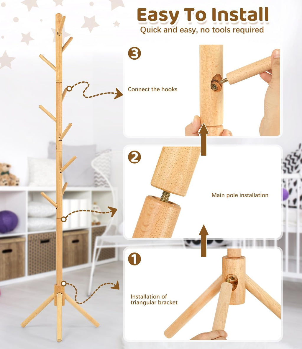 Beech Wood Kids Coat Rack - Adjustable Height Stand with 9 Hooks, Freestanding Children's Clothing Organizer for Hallway, Bedroom, Easy Assembly (Natural)