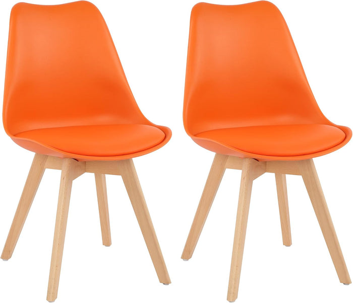 LSSBOUGHT Mid Century Modern Dining Chairs,Shell Lounge Plastic Side Chair with Soft Padded and Wooden Legs for Dining Room Living Room Bedroom Kitchen Set of 2 (Orange)