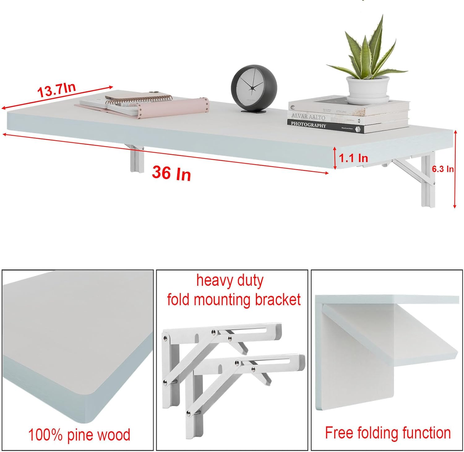 IAE Wall Mounted Folding Table with Pine Wood,36" x 14" Floating Wall Desk,Laundry Folding Table with Shelf Brackets,Fold Down Desk Shelf,Folding Workbench for Home,Dining,Laundry Room,Kitchen,White