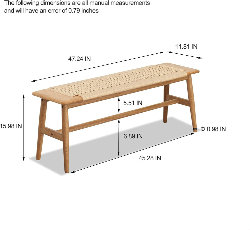 47.24" Natural Oak Wood Dining Bench with Woven Cane Seat Solid Wood Ent...