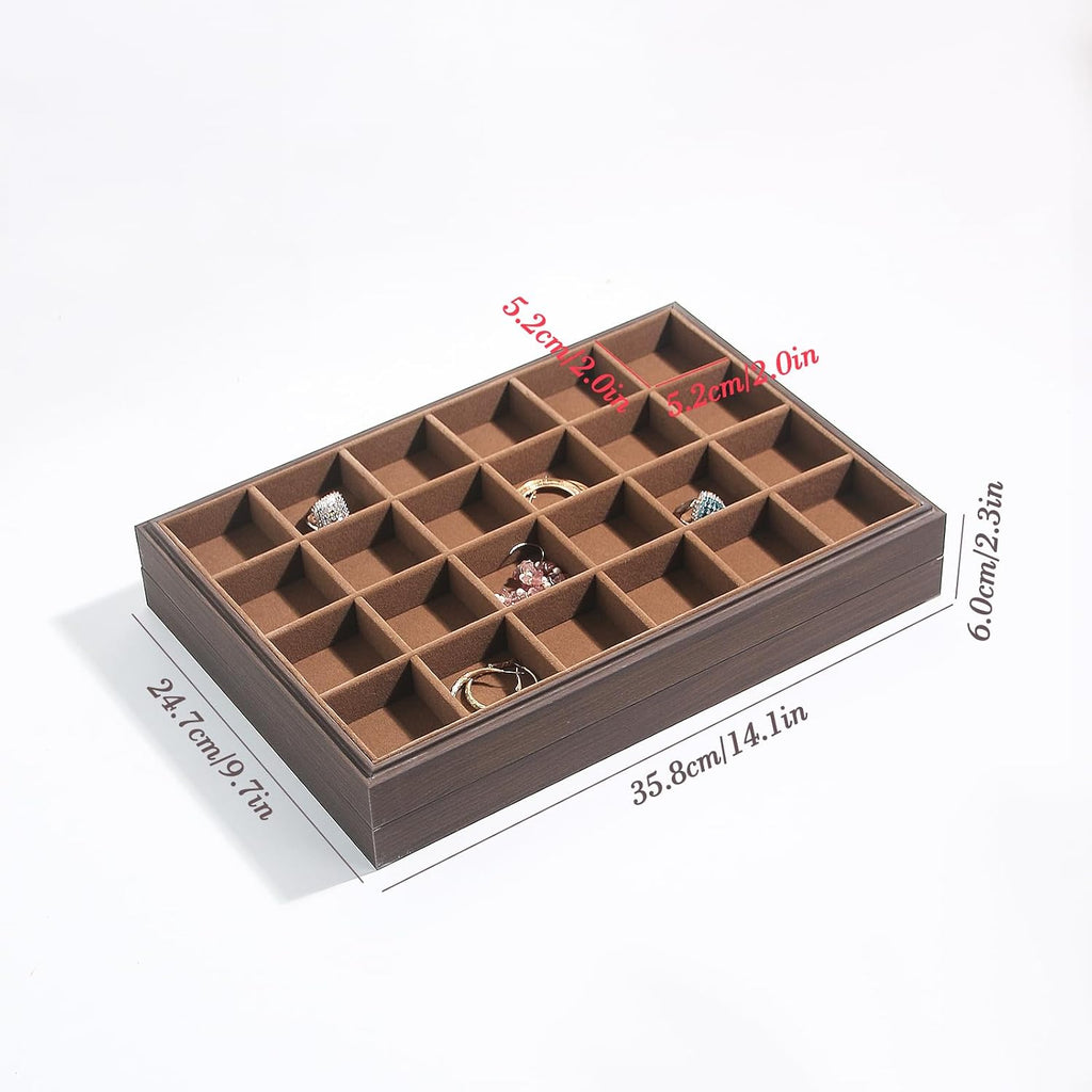 Wood Jewelry Organizer Tray, Earrings Holder (Brown, 2Pc, 24 Grids) | Stackable Earrings Organizer, Earrings Display Tray, 24 Grids Ring Holder, Space-Saving Storage