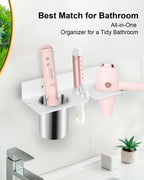 Hair Tool Organizer, Hair Dryer Holder with Heatproof Steel Cups, Acrylic Vanity Organizer for Curling Iron, Flat Iron & Hair Brushes, Perfect for Bathroom (White, Compact)