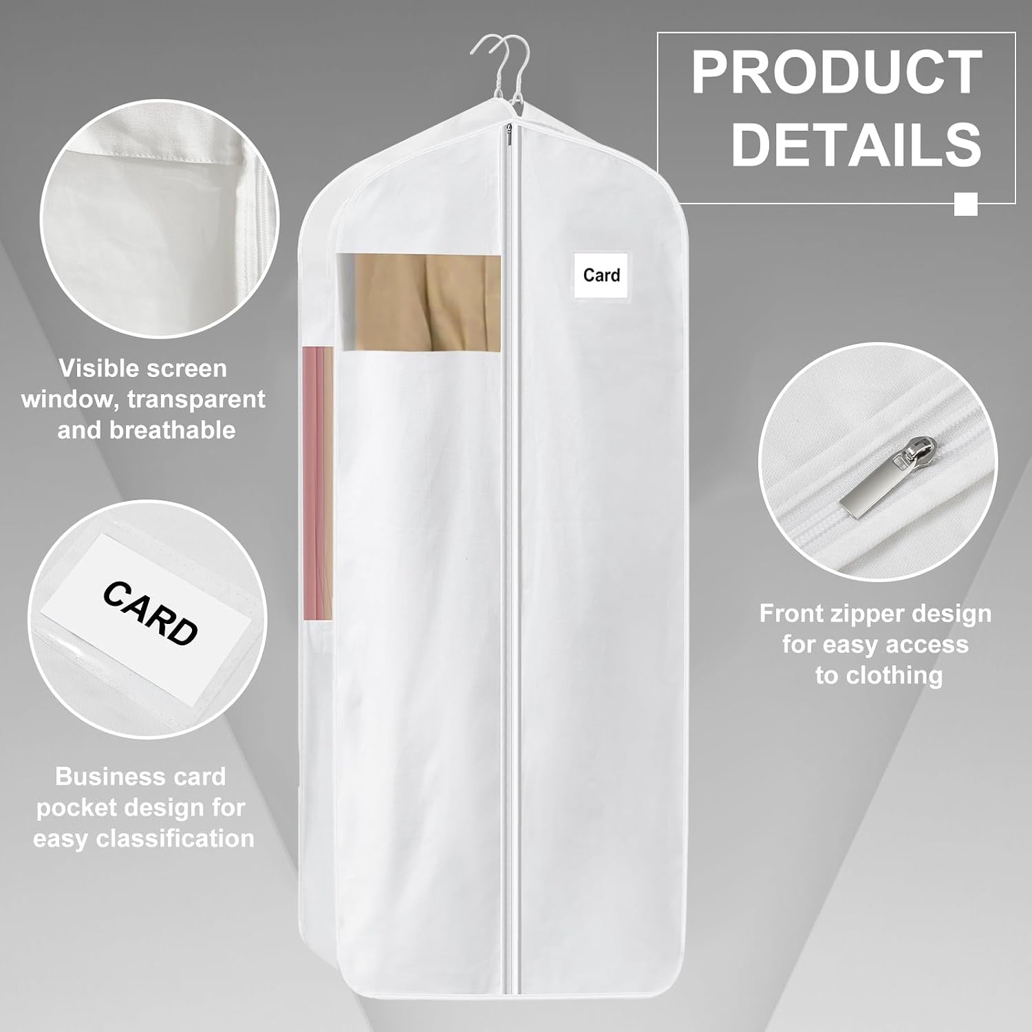 58" 100% Organic Cotton Garment Bags for Hanging Clothes and Storage, Breathable Clothes Covers with Viewing Window and Card Pocket for Short Dresses, Jackets, Suits