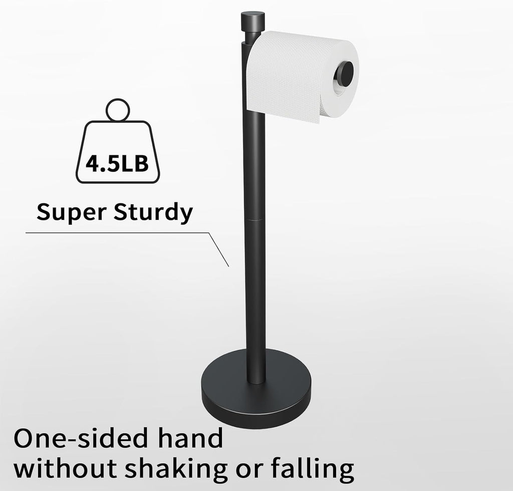 YUMORE Toilet Paper Holder Stand Freestanding, Weighted and Sturdy Matte Black Stainless Steel Design with Non-Slip Cap, Rustproof Tissue Roll Holder for Modern Bathroom, RV