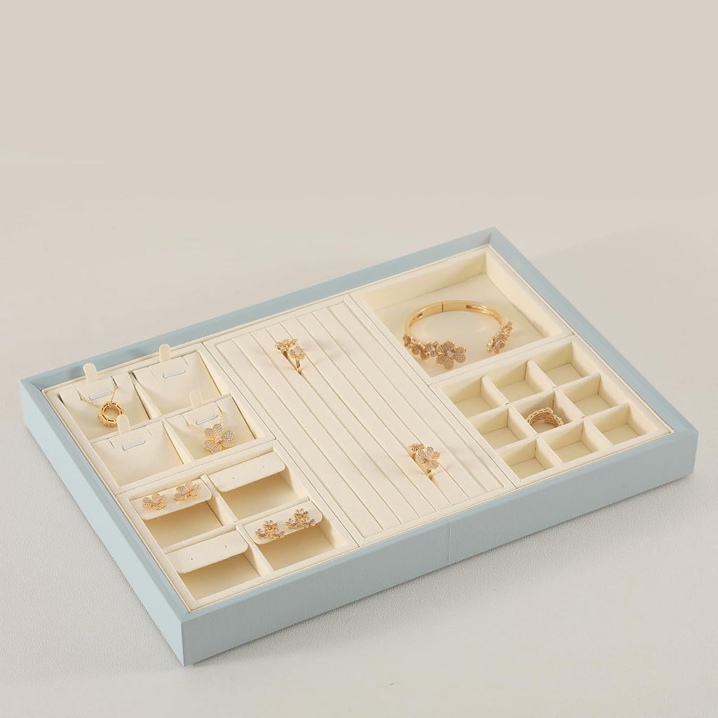 Dark Blue Jewelry Display Tray Ring Necklace Earring Bangle Organizer Multifunctional Storage Case for Jewelry Showcase (Long Ring Tray(beige))