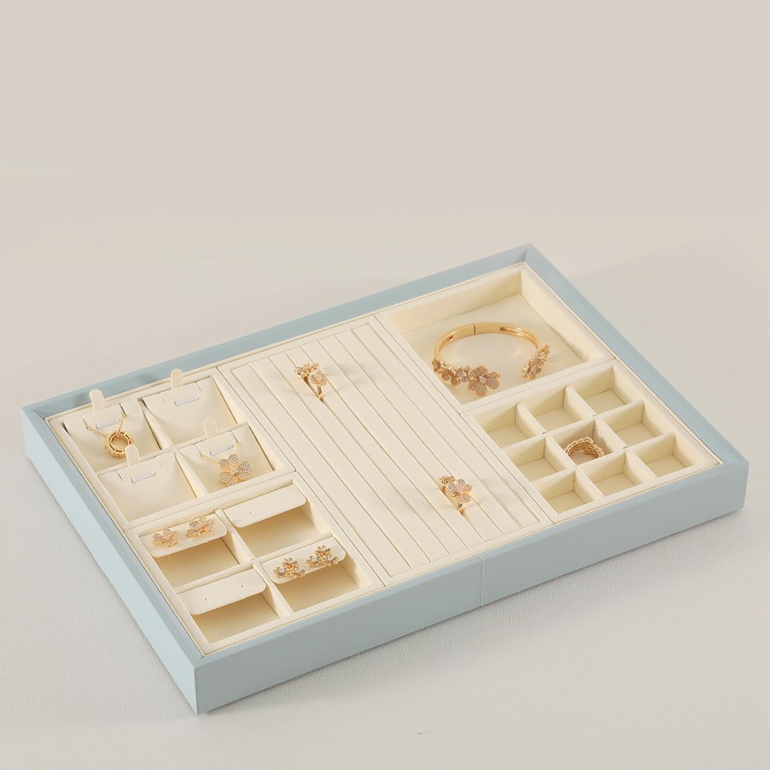 Dark Blue Jewelry Display Tray Ring Necklace Earring Bangle Organizer Multifunctional Storage Case for Jewelry Showcase (Long Ring Tray(beige))