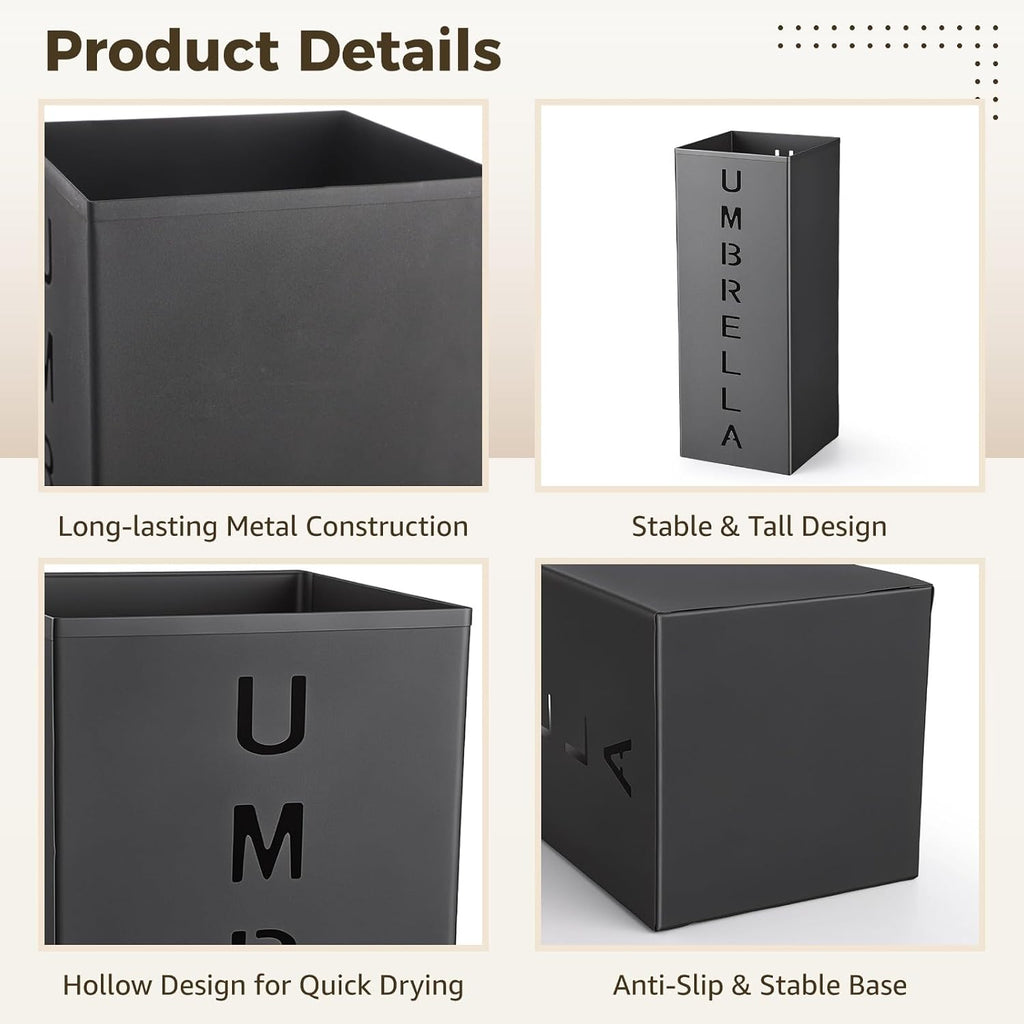 Square Metal Umbrella Holder Stand, Black Free Standing Umbrella Rack | Hollow Letter Pattern, Coated Steel, Open-Top Quick Drying, For Umbrellas, Walking Sticks, Entryway, Office And Hotel