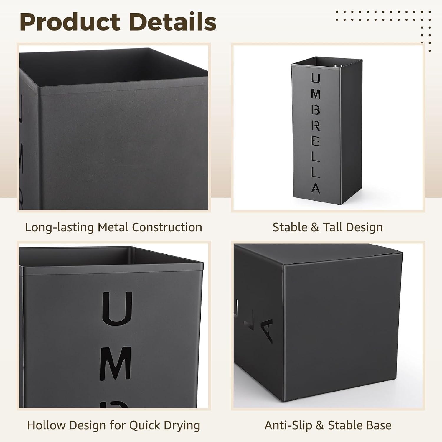 Square Metal Umbrella Holder Stand, Black Free Standing Umbrella Rack | Hollow Letter Pattern, Coated Steel, Open-Top Quick Drying, For Umbrellas, Walking Sticks, Entryway, Office And Hotel