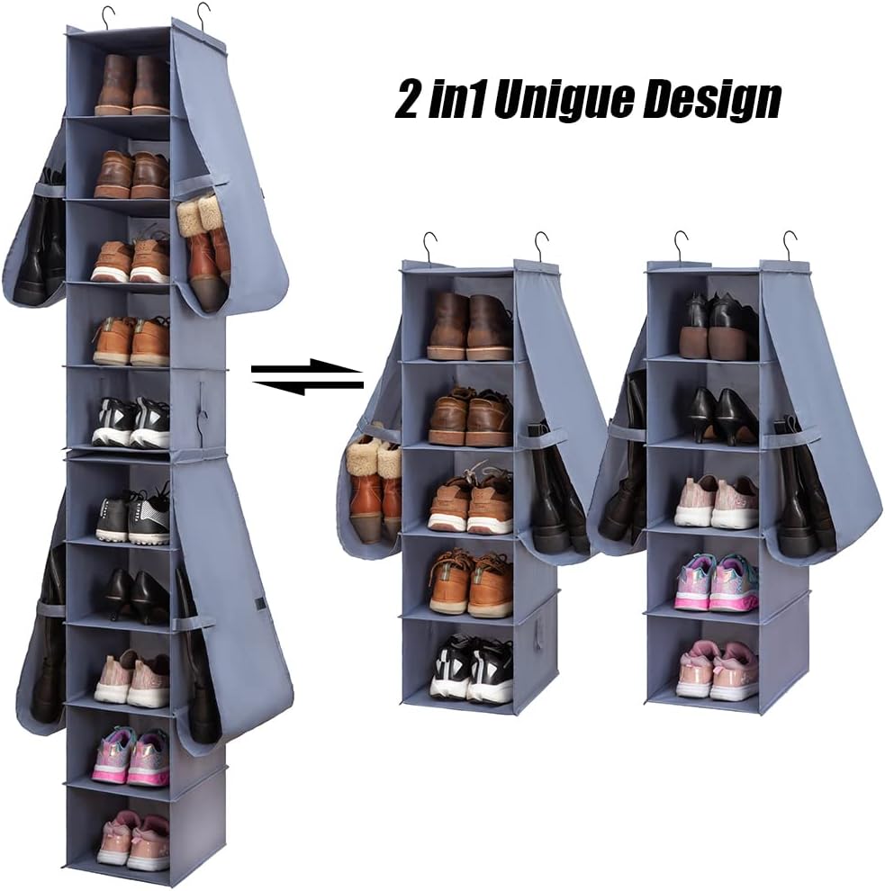 Hanging Shoe Organizer for Closet Footwear Boots Storage Shelf | Hang Closet Organization Storing Shelves Rack Display Shoes Boots Clothes 10-Shelf 4 Pockets Space Saver Oxford Cloth 2 Pack