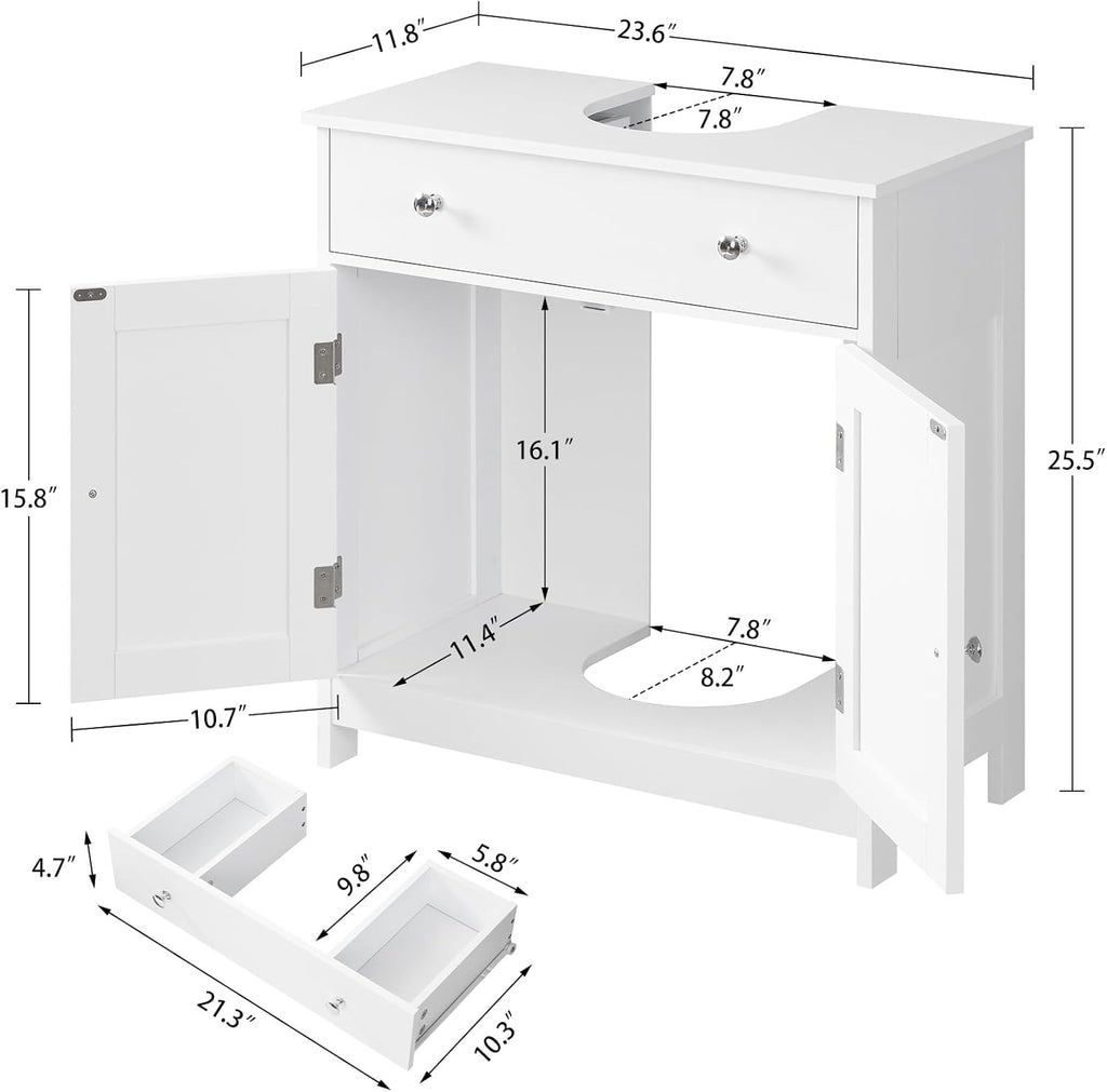TEENFON Pedestal Sink Storage Cabinet with 2 Doors and Drawer, Bathroom Sink Cabinet, Under Sink Storage with U-Shape Cut-Out, White