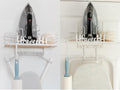 Farmhouse Ironing Board Hanger Wall Mount or Over the Door - Universal Laundry Room Ironing Board Holder Caddy with Iron Holder Shelf - Adjustable Hooks to Hold Ironing Boards Large & Small - White