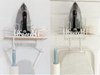 Farmhouse Ironing Board Hanger Wall Mount or Over the Door - Universal Laundry Room Ironing Board Holder Caddy with Iron Holder Shelf - Adjustable Hooks to Hold Ironing Boards Large & Small - White