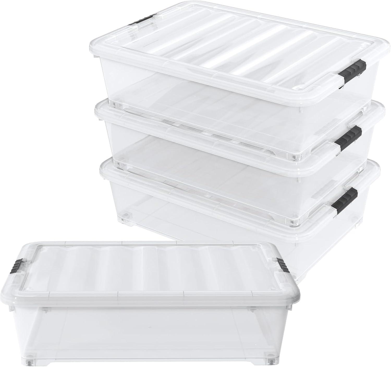 50 Quart Rolling Under Bed Storage Containers, 4-Pack 7.5 Inches Tall Low Profile Underbed Clothes Storage Organizer Bin with Sturdy Wheels, Clear