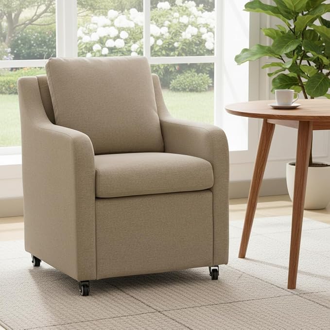 Rolled Dining Chair with Casters, Upholstered Modern Swivel Armchair with Wheels for Kitchen (1, Fabric Camel)