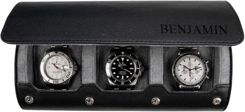 DailyWatch | Personalized Watch Roll Travel Case For 3 Watches - Handmade Genuine Leather Travel Case With Custom Engraving of Name or Initials -