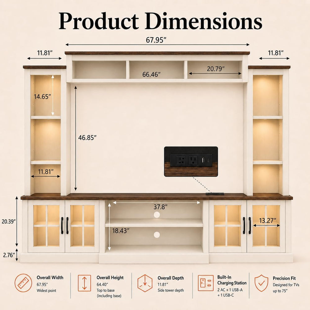 White Farmhouse TV Stand, Entertainment Center, 98" Wall Unit Media Cons...