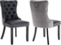Modern Dining Chairs Set of 2, Tufted Upholstered Dining Chair with Solid Wood Legs, Velvet and Leather Dining Chairs, Sillas de Comedor, Comfy Kitchen Chair (Black+Gray, 2Pcs)