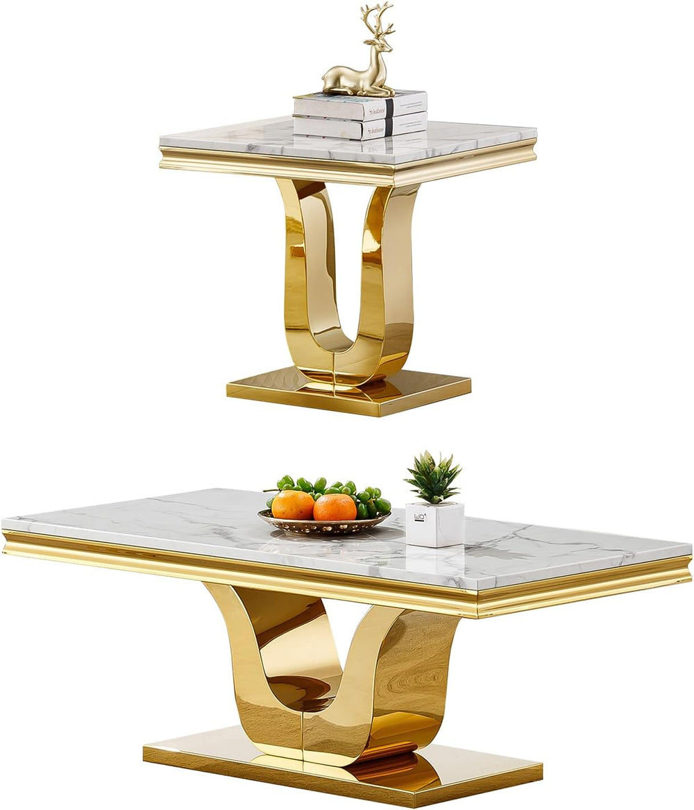 Luxury Marble Coffee Table Set of 2, Modern Coffee Table with Sofa Side Table...