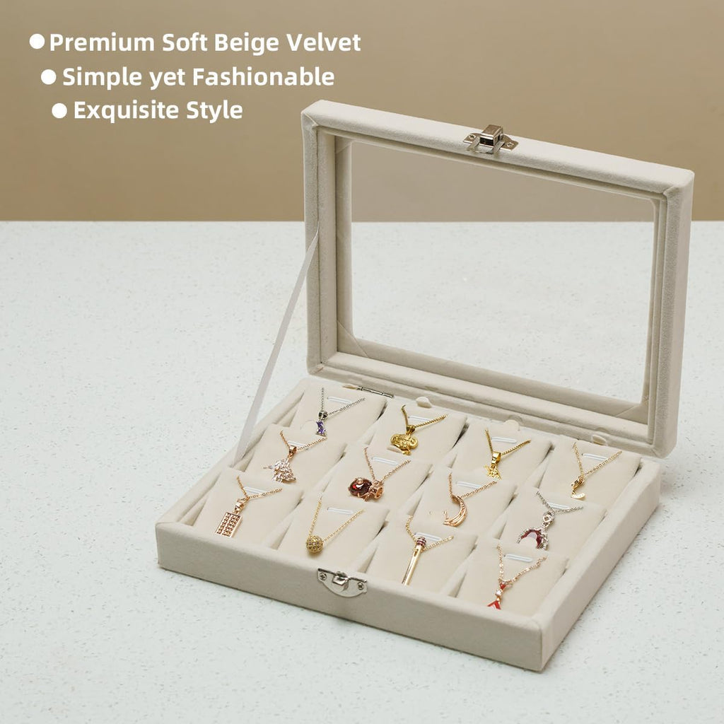 Jewelry Box Necklace Organizer Tray, Beige Necklace Display Case for Storage Jewelry Small Necklaces Display Stand 12 Slot Pendant Holder for Women