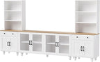 Farmhouse Entertainment Center with 2 Bookshelves & Tempered Glass Doors, TV Stand with Adjustable Shelves for TVs up to 70'', Media Console with Solid Wood Gourd-Shaped Legs, White