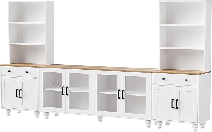 Farmhouse Entertainment Center with 2 Bookshelves & Tempered Glass Doors, TV Stand with Adjustable Shelves for TVs up to 70'', Media Console with Solid Wood Gourd-Shaped Legs, White