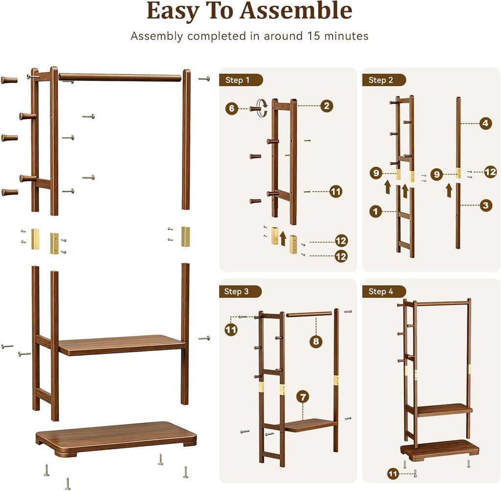 Taitiy Coat Rack Solid Wood Clothes Rack with 2 Shelves & 5 Hooks for Hanging Clothes Garment Wallets Hats, Clothing Rack Heavy Duty Coat Rack Freestanding with Storage Hall Tree for Hallway Bedroom