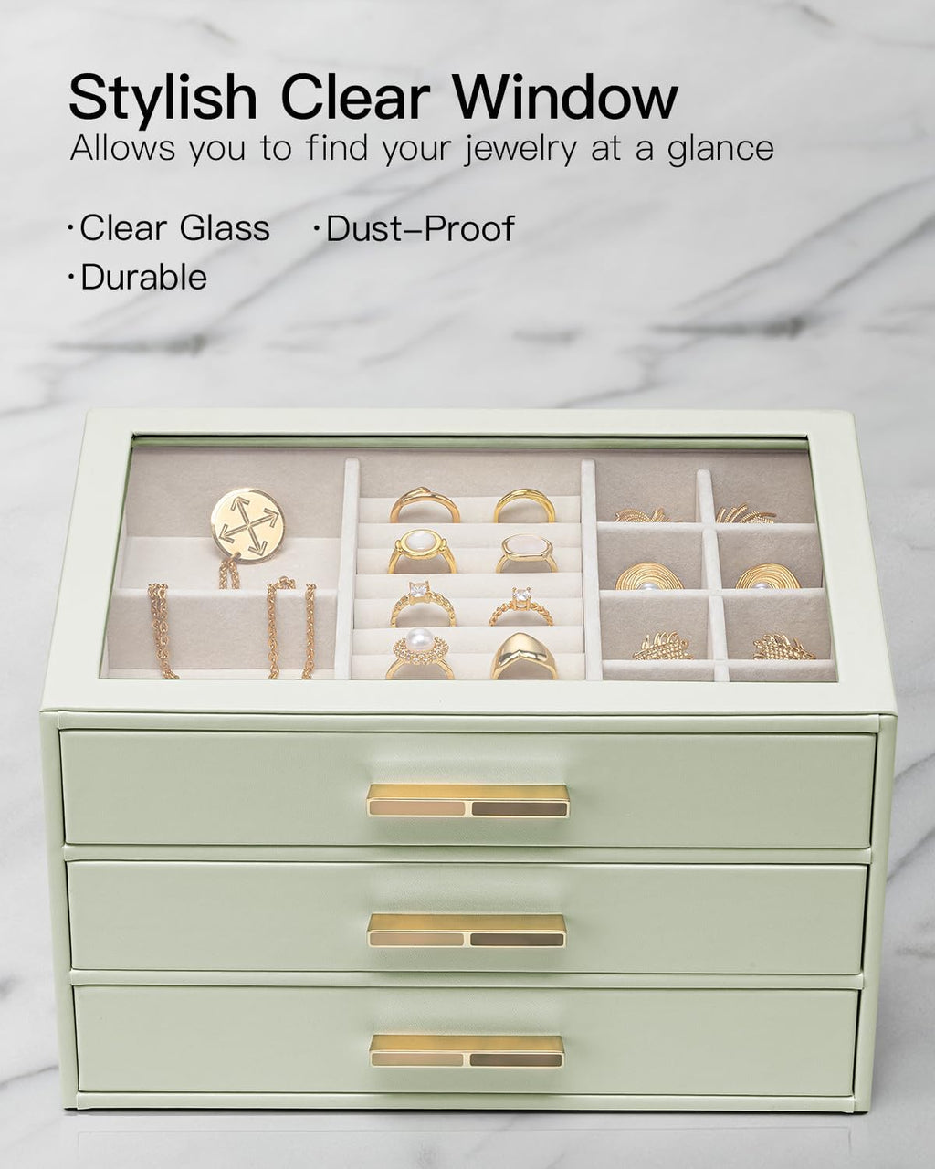 VLANDO Jewelry Box for Women, Glass Lid Jewelry Organizer with 3 Drawers for Necklaces Rings Earrings Bracelets - Sage Green