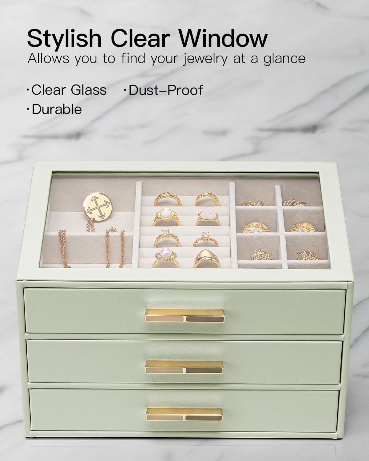 VLANDO Jewelry Box for Women, Glass Lid Jewelry Organizer with 3 Drawers for Necklaces Rings Earrings Bracelets - Sage Green