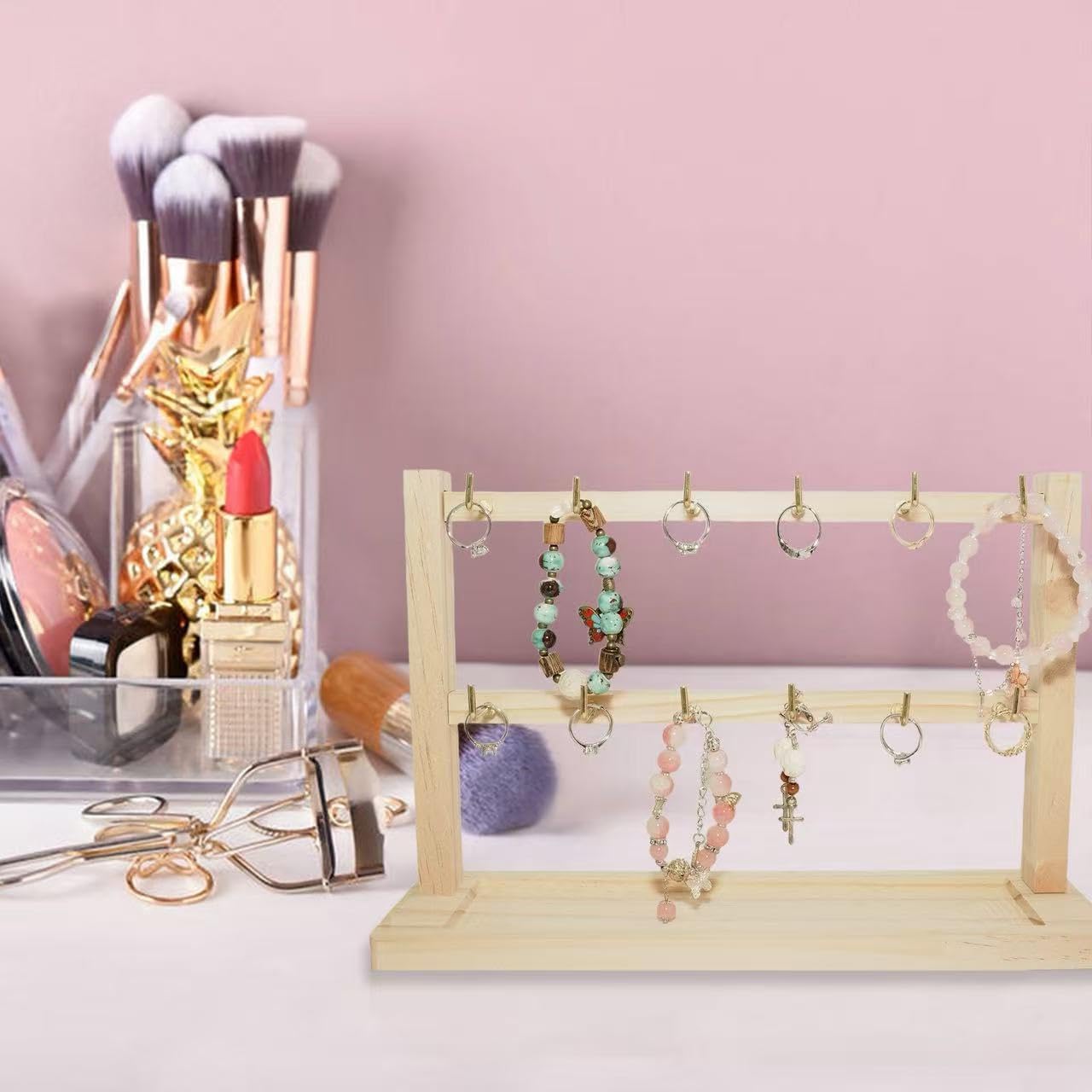 2 Layers of Wooden Display Eacks With Hooks for Necklaces. Rings, Earrings, Bracelets, And Other Jewelry Storage Display Rack