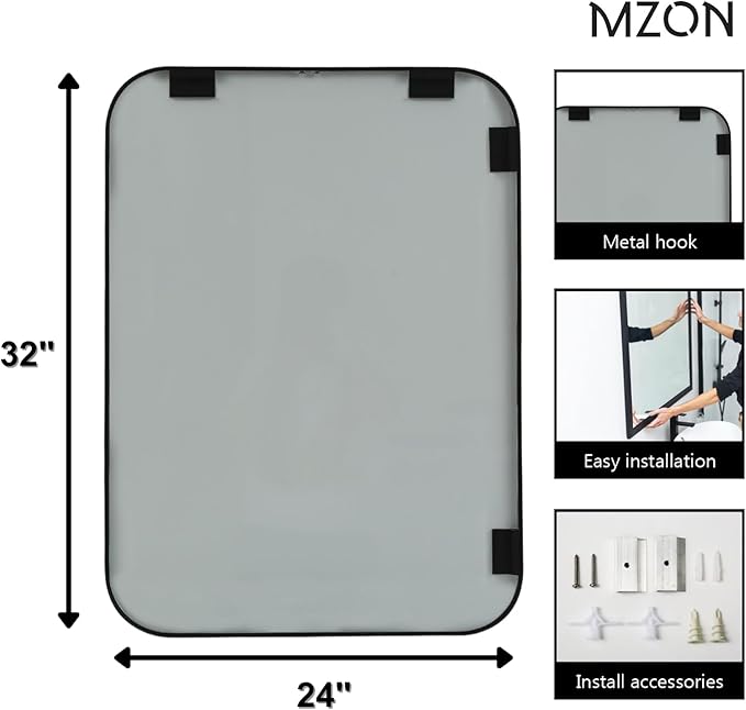 MZON 24x32 Inch Matte Black Bathroom Mirror, Rectangle Wall Mirror for Bathroom, Anti-Rust Frame & Tempered Glass, Hangs Horizontally/Vertically - Farmhouse, or Modern Bathroom Decor