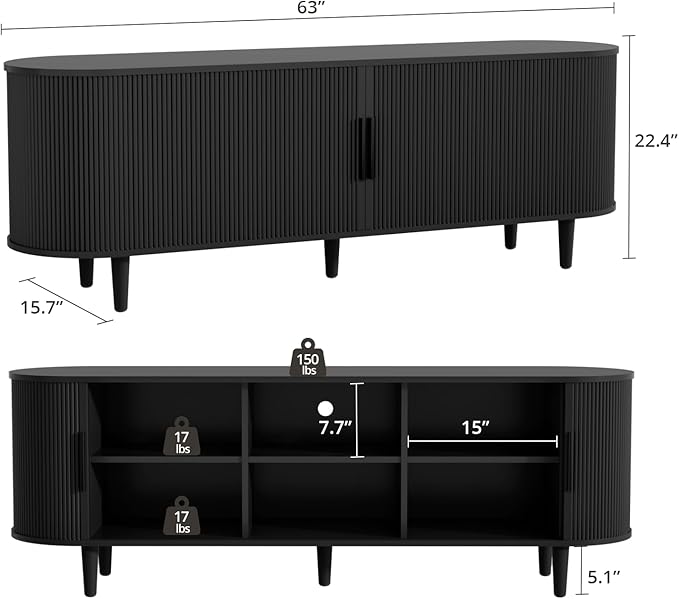 VOWNER 63" Fluted TV Stand, Modern Entertainment Center for TVs Up to 65" with Adjustable Shelves and Sliding Doors, Curved Media Console Table with Storage Cabinet for Living Room Bedroom (Black)