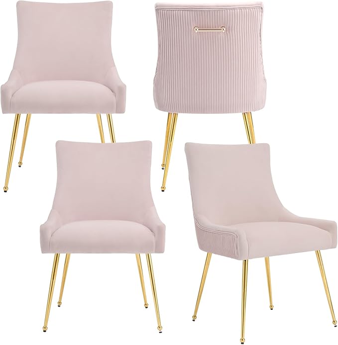 Velvet Dining Chairs Set of 4, Modern Upholstered Kitchen Chair with Pull Handle & Pleated Back, Mid Century Accent Chair with Gold Metal Legs for Vanity,Dining,Kitchen,Living Room, Pink