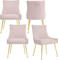 Velvet Dining Chairs Set of 4, Modern Upholstered Kitchen Chair with Pull Handle & Pleated Back, Mid Century Accent Chair with Gold Metal Legs for Vanity,Dining,Kitchen,Living Room, Pink
