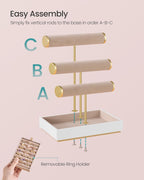SONGMICS Bracelet Holder Stand, Jewelry Display Stand, Jewelry Organizer, with 3 Tiers and Velvet Tray, Removable Ring Holder, Christmas Gift, Cloud White and Camel Brown UJJS027A01