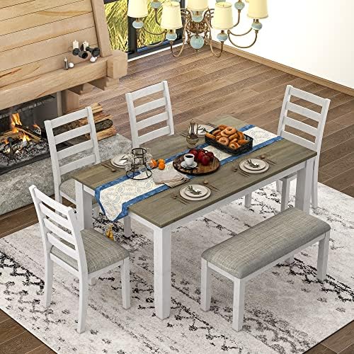 Merax 6-Piece Wooden Rectangular Dining Table Set with 4 Upholstered Chairs a...