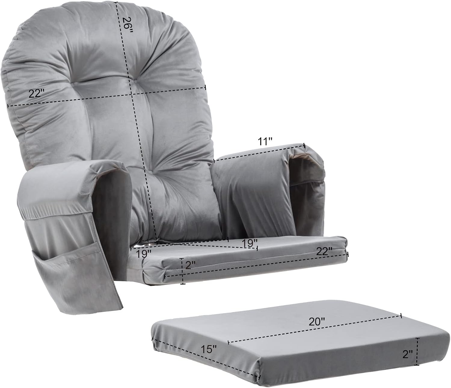 Paddie Glider Rocker Replacement Cushions Velvet with Storage, Rocking Chair Cushion Set with Ties, 5PCS, Light Grey