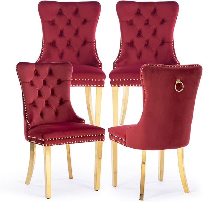 Velvet Upholstered Dining Chairs Set of 4, Modern Style Kitchen Side Chairs with Nailhead Trim and Gold Plated Leg, Metal Pulling Ring for Dining Room Living Room(Wine Red-Gold Plated Leg)