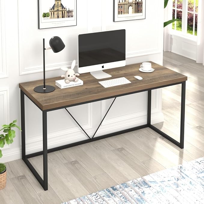 FOLUBAN Industrial Computer Desk, Rustic Wood and Metal Writing Desk, Vintage PC Table for Home Office, Oak 60 inch