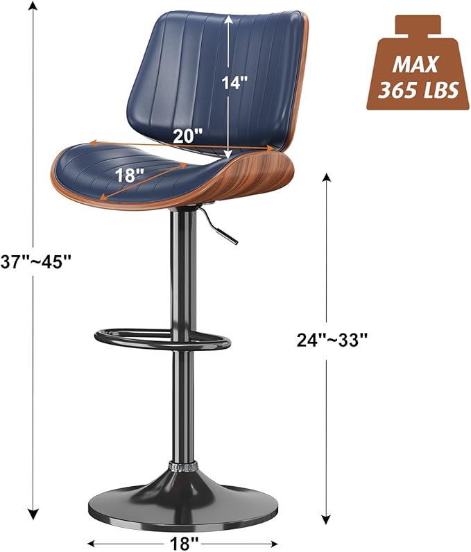 Swivel Bar Stools Set of 2, Adjustable Bentwood Barstools for Kitchen Counter, Modern PU Leather Upholstered Bar Chair with Back and Footrest, for Kitchen Island, Bar, Dining Room, Navy