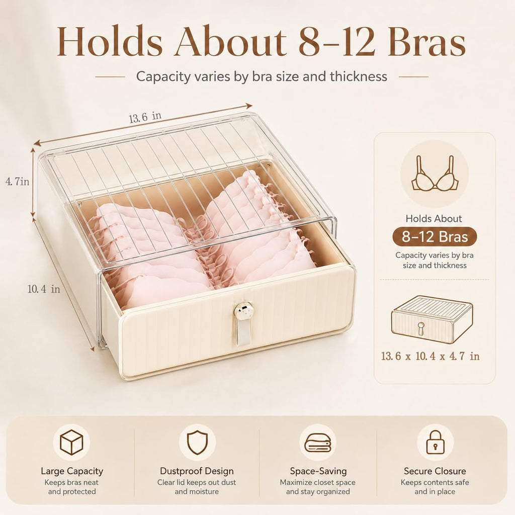 Bra Organizer for Closet, Stackable Pull-Out Drawer Style Bra Storage Organizer with Clear Top, 1-Cell Underwear Organizer for Bras, Panties, Socks, Tie, Belt and Scarf