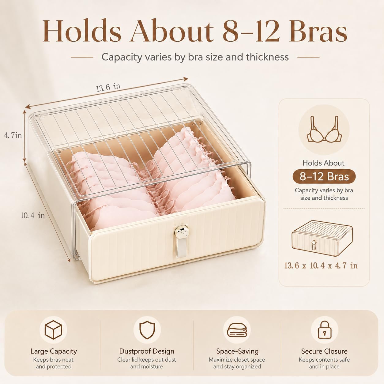 Bra Organizer for Closet, Stackable Pull-Out Drawer Style Bra Storage Organizer with Clear Top, 1-Cell Underwear Organizer for Bras, Panties, Socks, Tie, Belt and Scarf