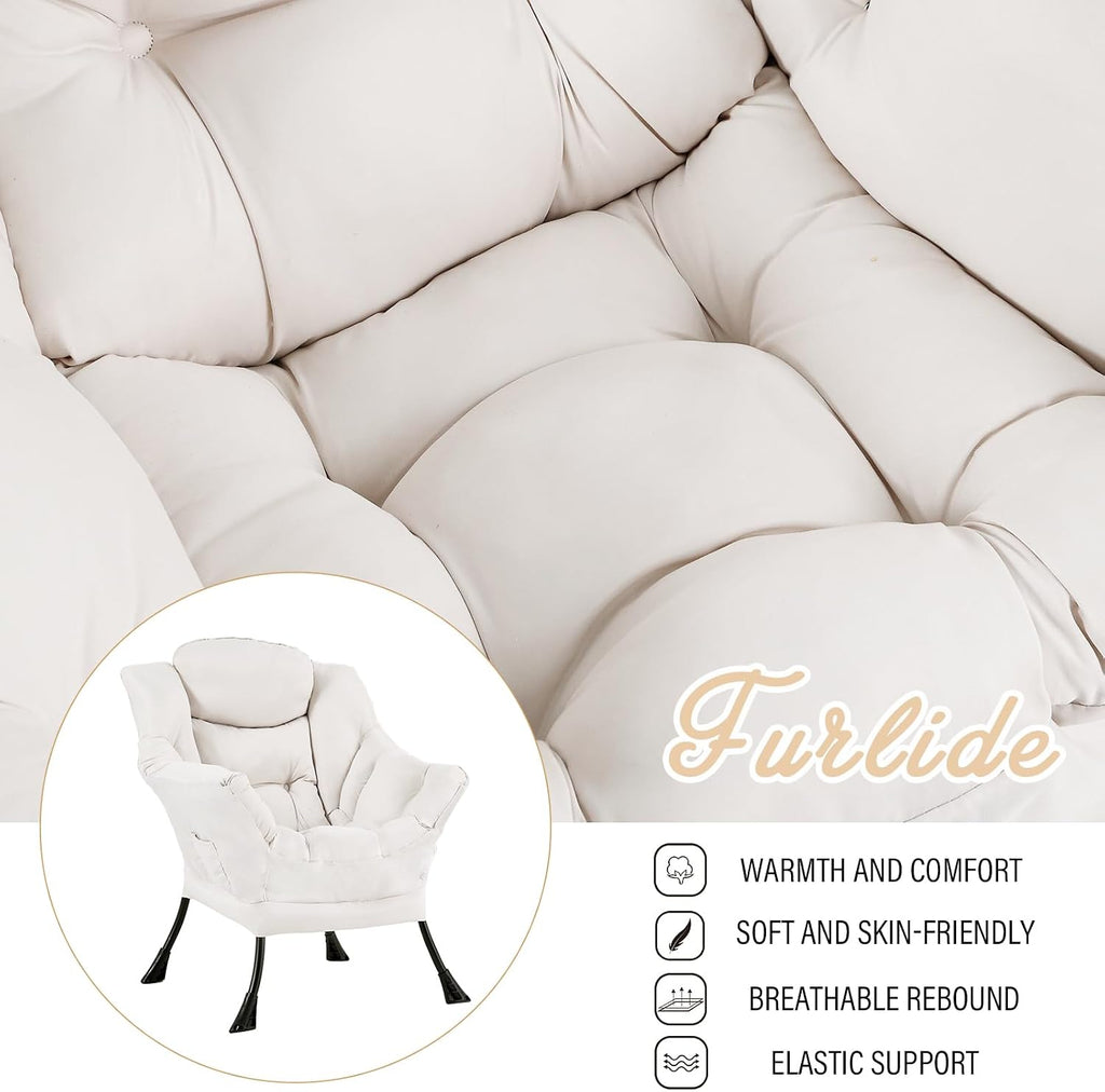 Furlide Lazy Chair with Ottoman, Soft Comfy Chair for Bedroom, Beige | Accent Lounge Chair with folding Foot Stool, Removable Washable Cover and Side Pocket for Reading, Relaxing in Living Room